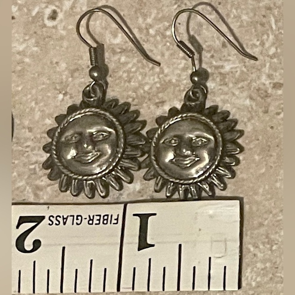 Vintage pewter Sun French hook earrings and Crescent Moon French hook earrings - Picture 6 of 7